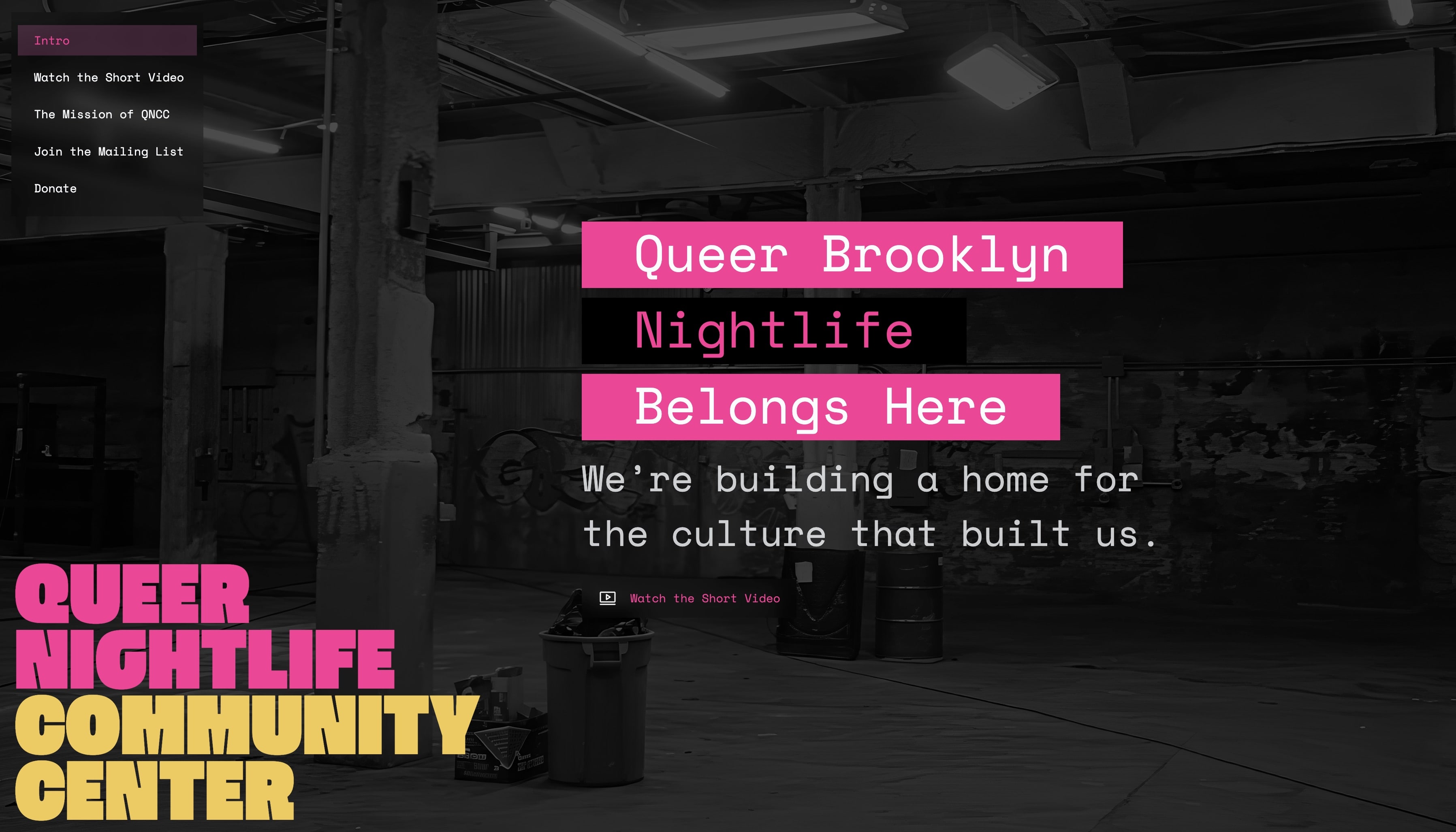 Landing page hero showing warehouse interior with text 'Queer Brooklyn Nightlife Belongs Here' and tagline