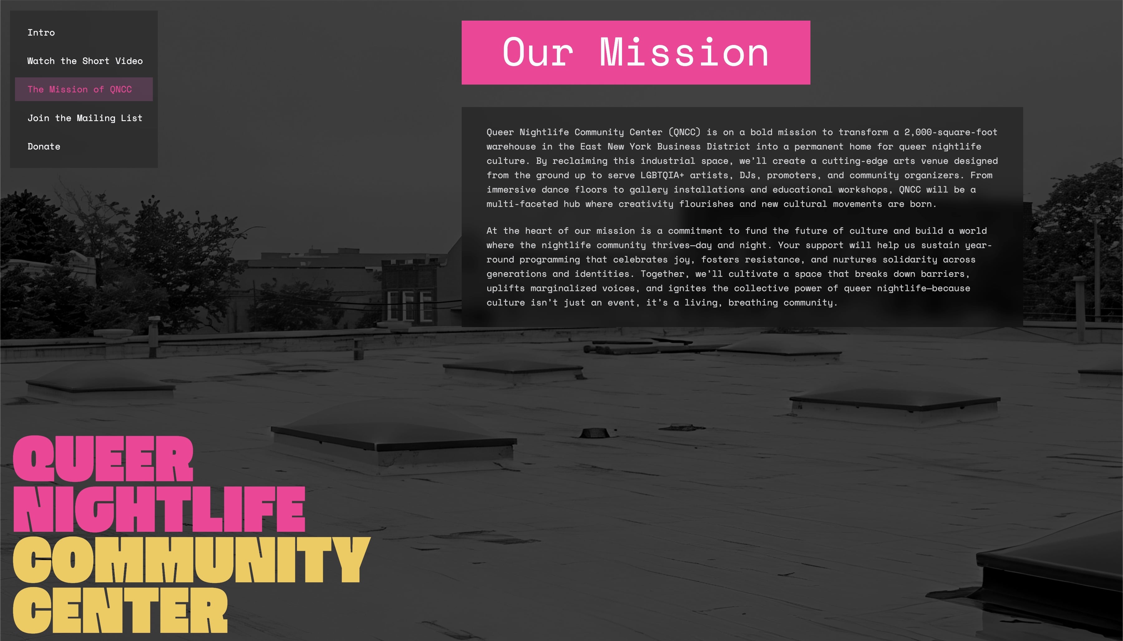 Mission statement section describing QNCC's transformation of warehouse into arts venue and community hub