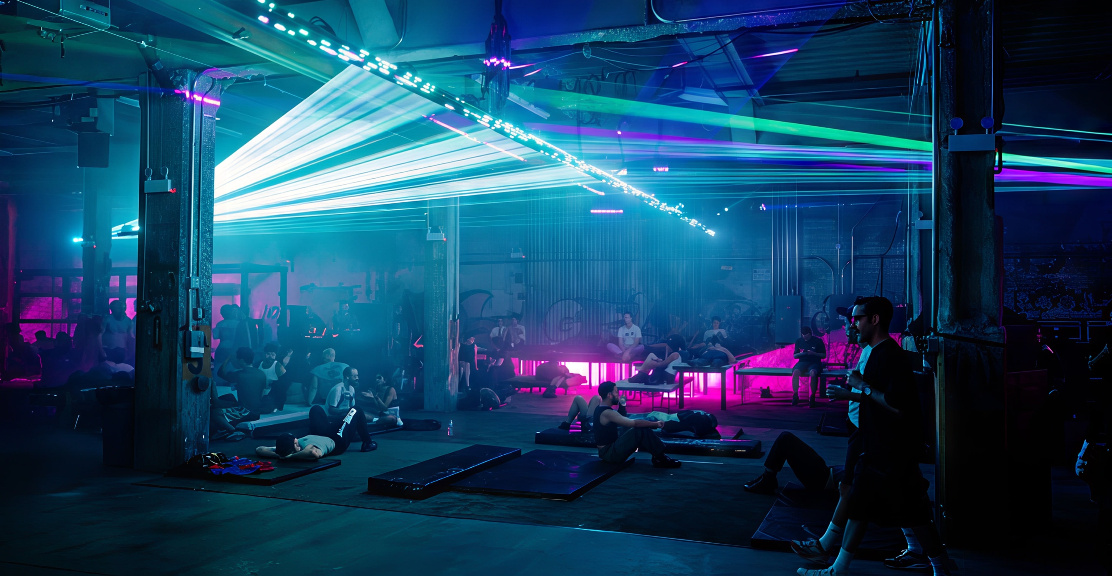 QNCC nightlife space with blue and pink lighting, light trails, and people relaxing on floor cushions
