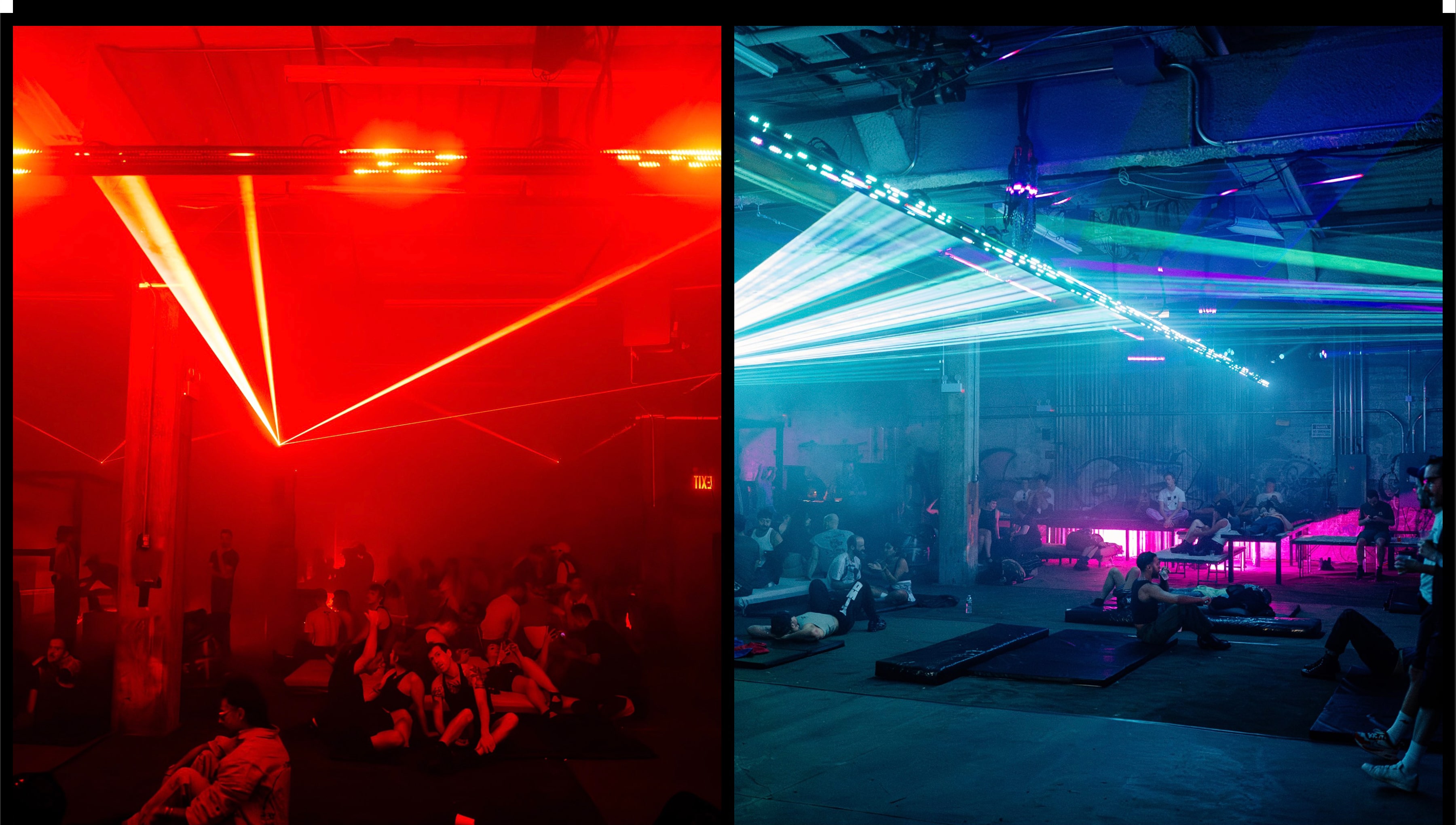 Split view showing nightlife space with red laser lights on left and blue-lit crowd on right