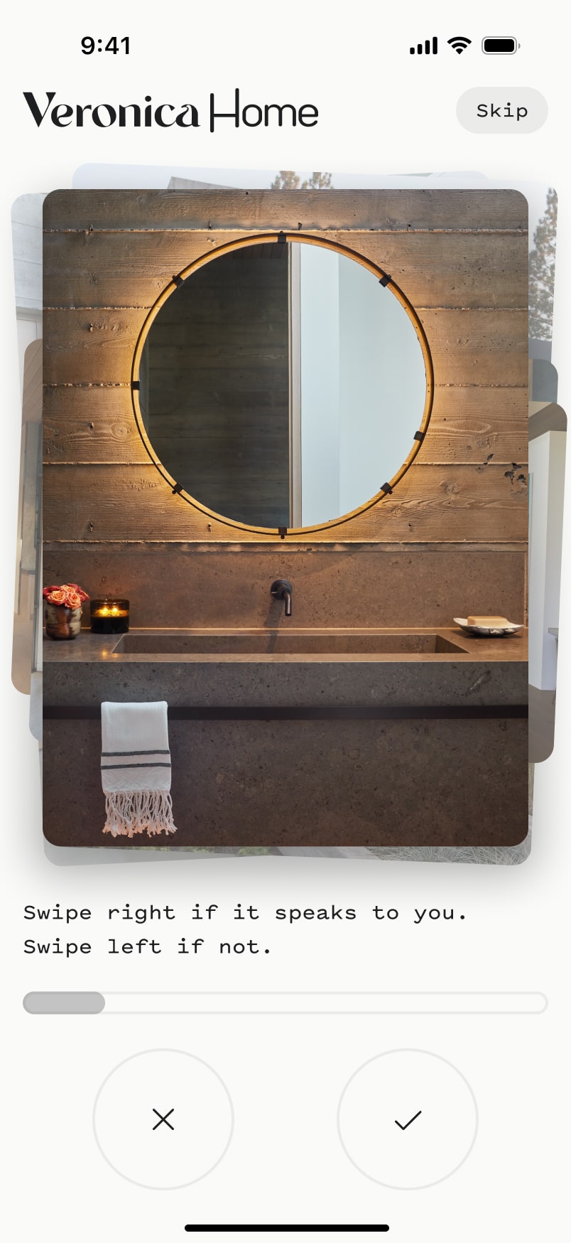 Swipe interface displaying modern bathroom with circular mirror and wood accents