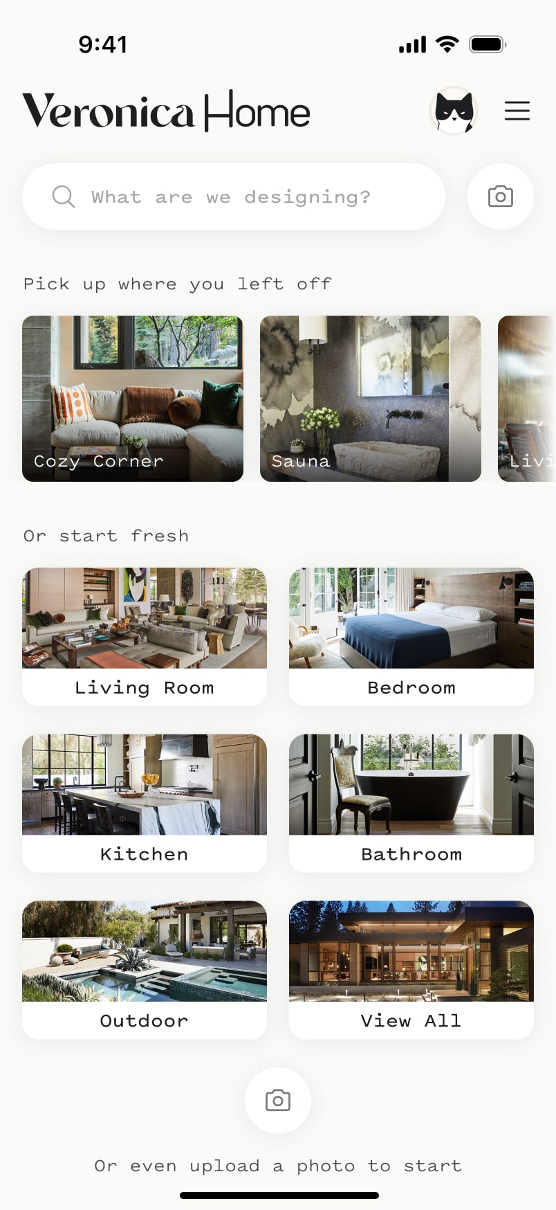 Home screen showing room categories including Living Room, Bedroom, Kitchen, Bathroom, and Outdoor