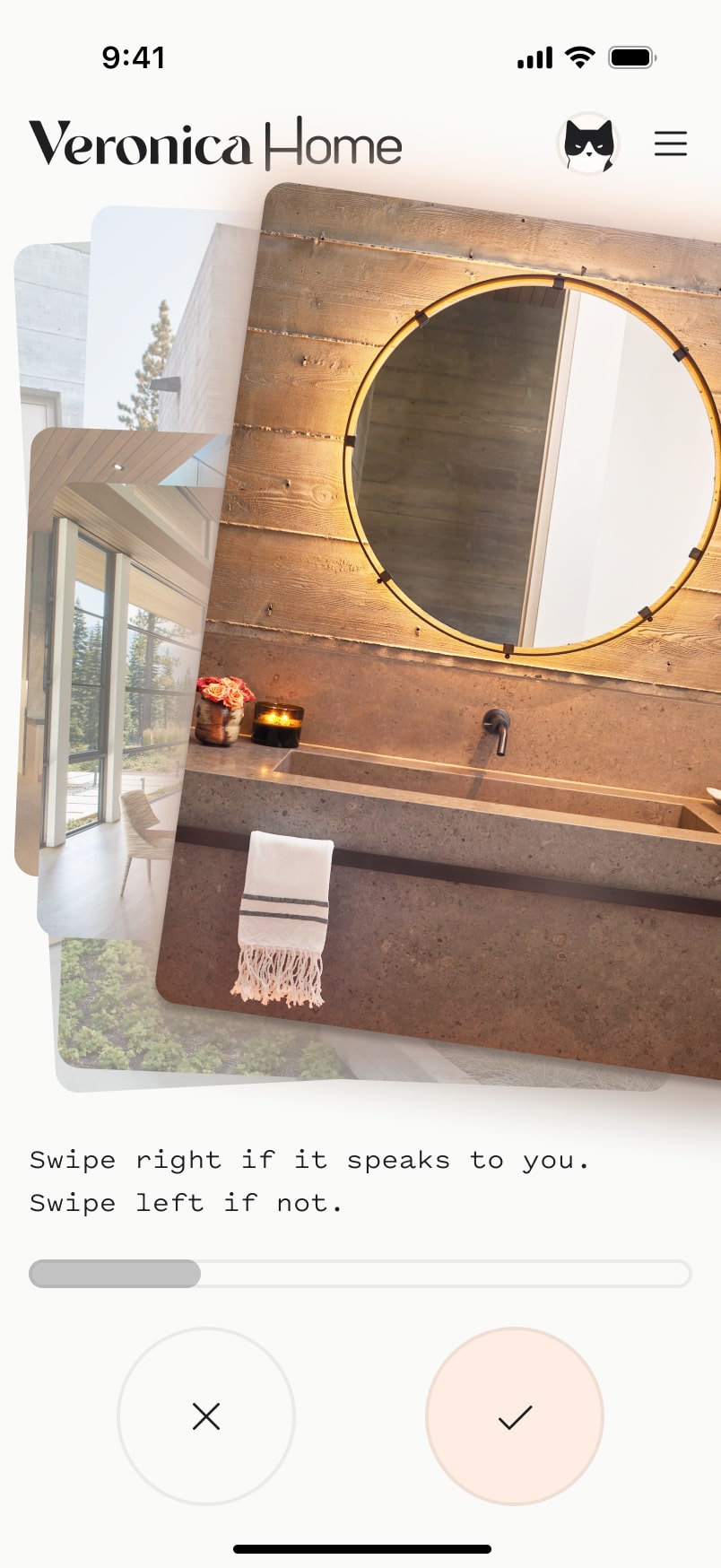 Swipe interface with side-by-side bathroom design comparison showing different aesthetic options
