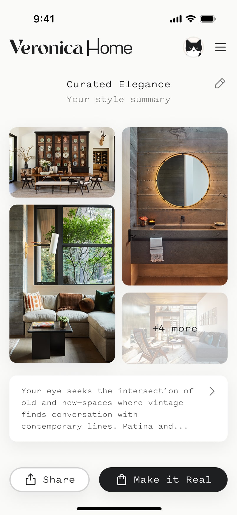 Style summary screen displaying 'Curated Elegance' with curated interior design images and description