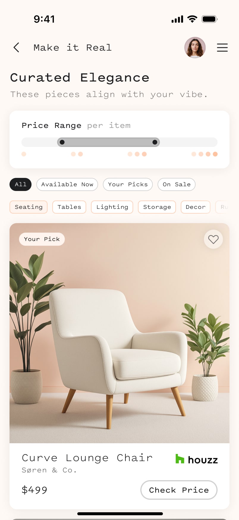 Shopping screen showing furniture recommendations with price filters and category options