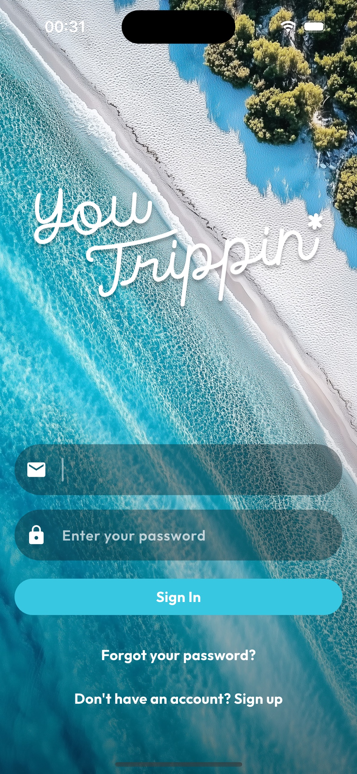 You Trippin' App - Splash page with beautiful tropical beach photographed from above and You Trippin' script logo